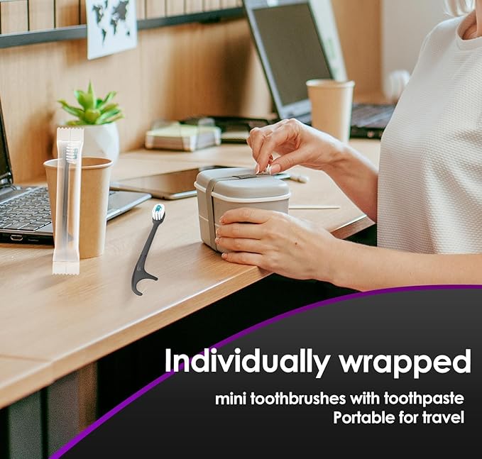 5 in 1 Disposable Toothbrushes with Toothpaste – Individually Wrapped Mini Travel Toothbrushes with Prepasted Toothpaste, Mouthwash Beads, Floss & Tongue Scraper | to-Go Oral Care (96 Count)