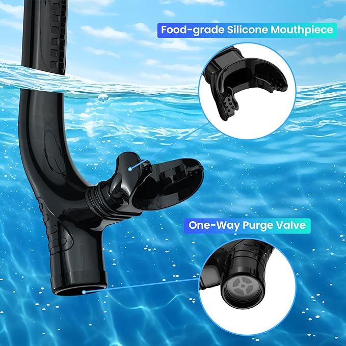 Swimmer's Snorkel for Lap Swimming, Adult Snorkeling Gear Swim Training, Center-Mount Silicone Mouthpiece One-Way Purge Valve in Pool and Open Water-StrideForce Fitness
