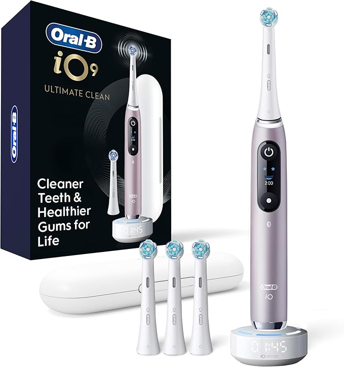 Oral-B iO Series 9 Limited Rechargeable Rose Quartz Electric Toothbrush with (2) Ultimate Clean and (1) Gentle Care Replacement Brush Heads, White, Travel Case-White and Charger
