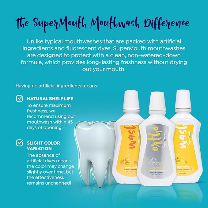 SuperMouth® Fluoride-Free Mouthwash – Nano-Hydroxyapatite, Vitamins D3 & K2, Prebiotics, Alkaline pH 8.5, Alcohol-Free, Freshens Breath, Safe Clean Ingredients, 4 Flavor Options