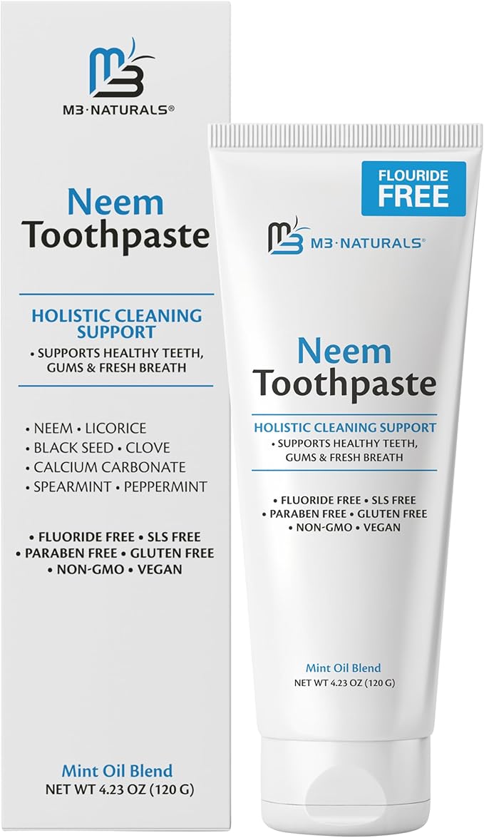 Fluoride-Free Neem Toothpaste with Mint for Adults & Kids with Sensitivity | Vegan, Gluten & SLS Free Herbal Formula for Sensitive Teeth, Healthy Gums and Fresh Breath, 4.23 oz (120 g) Pack of 2 by M3