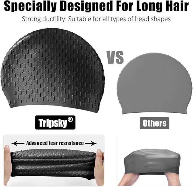 Tripsky Silicone Swim Cap,Comfortable Bathing Cap Ideal for Curly Short Medium Long Hair, Swimming Cap for Women and Men, Shower Caps Keep Hairstyle Unchanged…-StrideForce Fitness