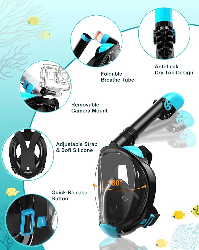 Mask Fins Snorkeling Gear for Adults, Full Face Snorkel Mask & Adjustable Swim Fins Snorkel Set, Panoramic View Snorkel Mask Dry Top Anti-Fog Anti-Leak-StrideForce Fitness