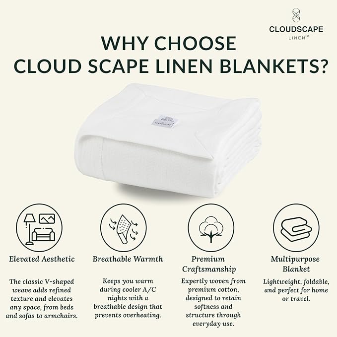 Cloud Scape Linen 100% Cotton Queen Size Blanket, Herringbone Pattern, Lightweight Summer Blanket,Best Gifts for Women, fits Full Size Bed, 92 x 92, White-StrideForce Fitness