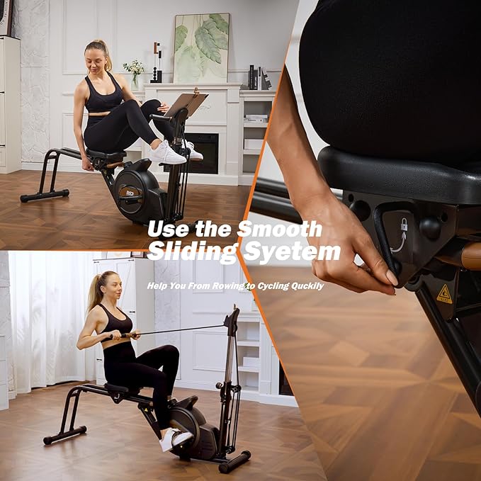 3 in 1 Rowing Machine, Dual Slide Rail 6-Level Adjustable Height with Max 350lb Weight Capacity, Home Fitness Rower for Full Body Workout, App Compatible-StrideForce Fitness