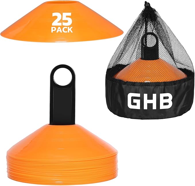 GHB Soccer Cones 25/50/100 Pack Disc Soccer Sport Cones Training Field Marker Agility Cones for Traffic, Basketball, Coaching, Practice Equipment Includes Cone Drills Guide-StrideForce Fitness