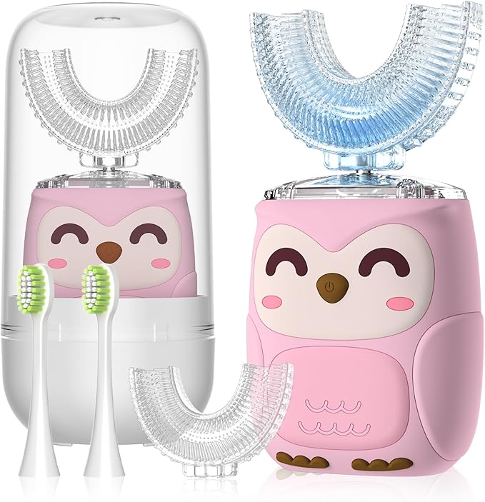 Kids Electric U Shaped Toothbrush Kids Sonic Toothbrush with 4 Soft Brush Head Automatic Full Mouth 6 Cleaning Mode-(Age8-15 Pink)