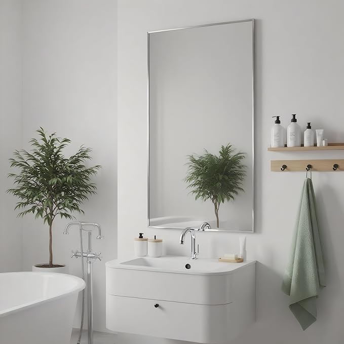 20x36 Inch Nickel Bathroom Mirror for Wall, Aluminum Frame Rectangle Rectangular Vanity Mirror, Modern Large for Bedroom, Living Room, Horizontal or Vertical-StrideForce Fitness
