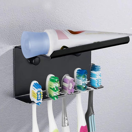 Wall Mounted Toothbrush Holder for Bathroom Shower, 5 Slots Aluminum Self-Adhesive Tooth Brush, Toothpaste Organizer Hanger Compatible with Colgate Extra Clean, Oral-B CrossAction, etc Black