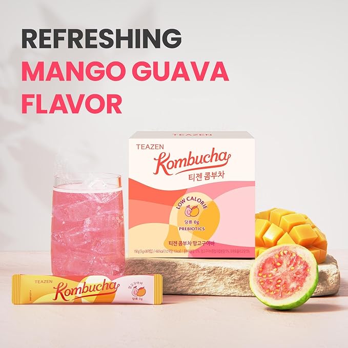 TEAZEN Mango Guava Kombucha Tea, Hydration Drink Mix, Sugar Free, Live Probiotics & Prebiotics, 30 Sticks, 5.29oz-StrideForce Fitness