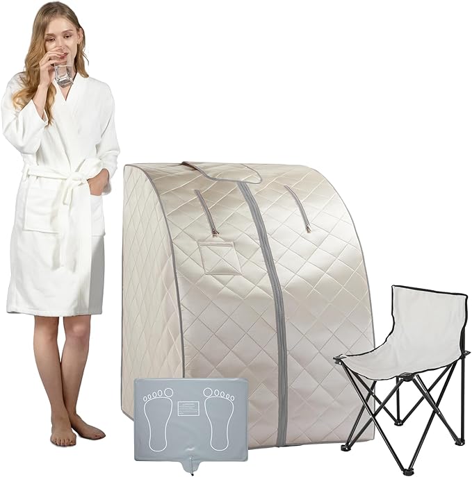 Smartmak Far Infrared Sauna, Full Body One Person Portable SPA Set with Time & Tempreture Remote Control, Heating Foot Pad and Foldable Reinforced Chair (L 27.6’’ x W 31.5’’ x H 37.8’’)- Beige-StrideForce Fitness