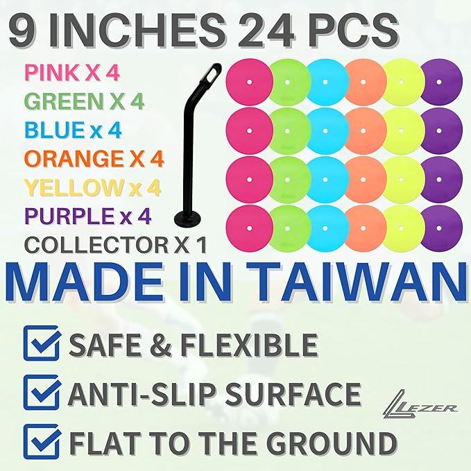LEZER 9 Inch Flat Cones, Spot Markers, Soccer Cones, Field Court Markers, Sit Spots, Flat Discs, Soccer Training Equipment, Agility Practice, Football, Made in Taiwan-StrideForce Fitness