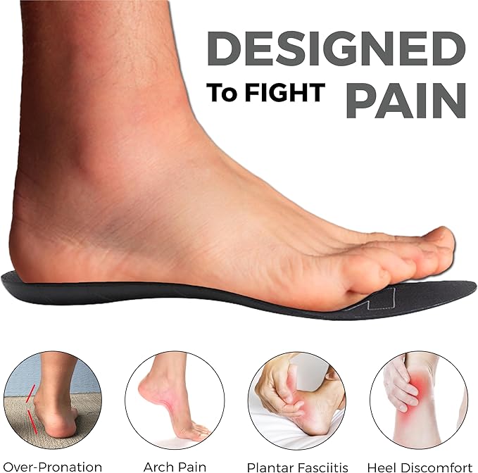 Ultra-Thin Plantar Fasciitis Insoles Designed for Comfort & Maximum Pain Relief, Ideal for Dress Shoes & Boots | Black (Men's 10-10.5, Women's 11.5-12)-StrideForce Fitness