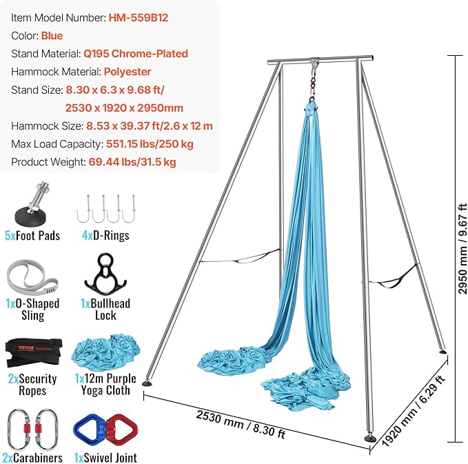 VEVOR Aerial Yoga Frame, 9.67 ft Height Swing Stand, Max 551.15 lbs Load Chrome-Plated Steel Pipe Inversion Yoga Rig for Indoor Outdoor Use-StrideForce Fitness