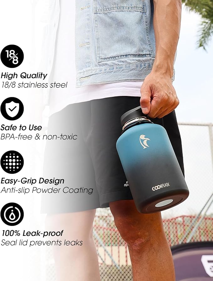 Coolflask 64 oz Water Bottle Insulated with Strap, Half Gallon Water Jug Stainless Steel with Straw & Spout Lids, Metal Large Water Flask, Keep Cold 48h Hot 24h, Leak Proof & Non-BPA, Prussian Blue-StrideForce Fitness
