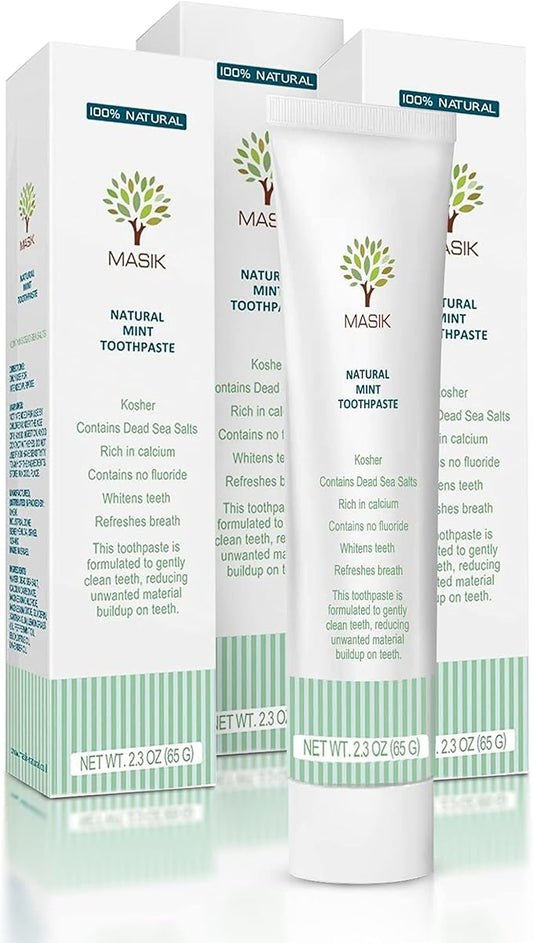 Masik Natural Toothpaste – Whitening & Sensitive Teeth | Dead Sea Salt | Stain & Plaque Remover | Bleeding Gums & Canker Sore Care | Floride & SLS-Free | Non-Foaming | Made in Israel (Mint, 3-Pack)