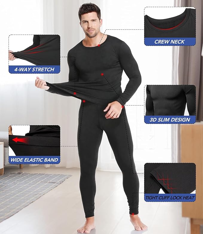 Mens Thermal Underwear Set with Lightweight Ultra Soft Fleece Lined,Long John Set, Skiing Base Layer-StrideForce Fitness