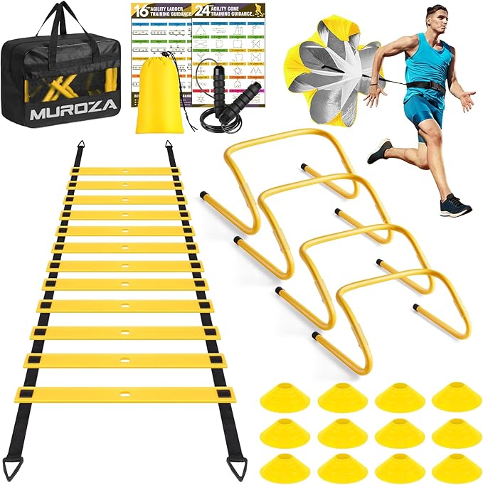 Agility Ladder, Speed Training Equipment Set, 20ft Agility Ladder, 12 Soccer Cones, 4 Hurdles, Jump Rope, Running Parachute, Basketball Football Soccer Training Equipment for Kids, Youth, Adults-StrideForce Fitness
