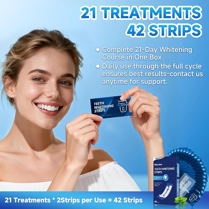 Teeth Whitening Strips for Sensitive, 42 Strips Whitener Safe Whitestrip, Deep Stains Removal Tooth Whitening, Enamel Safe Non-Slip Dry Strip Technology for Whiter Teeth, Mint