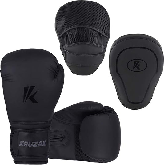 Kruzak Matte Black Boxing Gloves and Pads, Boxing Gloves Training Set for Kickboxing and Muay Thai MMA Training - Boxing Kit for Adults with Punching Pads for Martial Arts and Karate-StrideForce Fitness