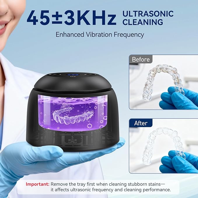 Ultrasonic Retainer Cleaner - 45±3kHz, 3 Modes with Digital Timer, UVC+UVA Lamp,Denture Cleaner Machine, Mouth Guard, IPX6,200ML SUS304 Tank for Aligner, Night Guard Toothbrush (Black)