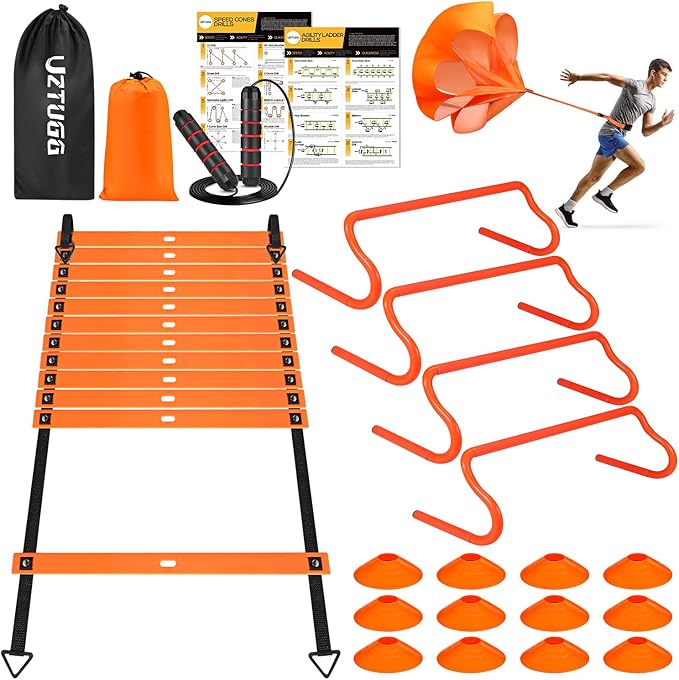 Soccer Training Equipment, Speed Agility Training Equipment for Kids Youth Adults, 20ft Agility Ladder, 4 Hurdles, Jump Rope, 12 Soccer Cones, Running Parachute, Football Training Equipment-StrideForce Fitness