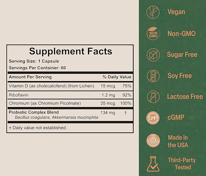 Akkermansia Probiotic for Appetite & Craving Control | Increases GLP-1 & Boosts Healthy Weight | 60 Day Supply | Made in USA | Bacillus Coagulans, B2, D3 & Chromium | SIBO Friendly, Vegan, Gluten Free-StrideForce Fitness