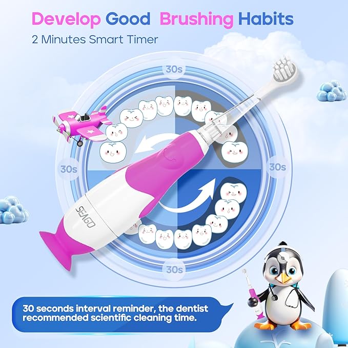 SEAGO Toddler Electric Toothbrushes for Baby Ages 0-3 Years, Baby Toothbrush with Smart Timer and Suction Base, 4 Replacement Brush Heads SG-513(Purple-C)