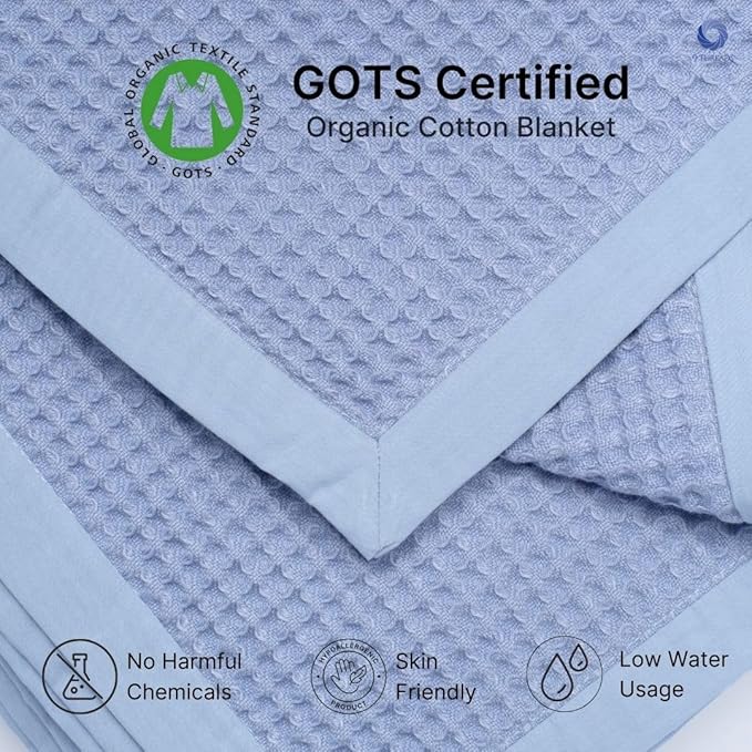 GOTS Certified Organic Cotton Waffle Weave Cozy Throw Blanket for Twin Bed & Couch - 66"X90", Modern Home Decor - Powder Blue-StrideForce Fitness