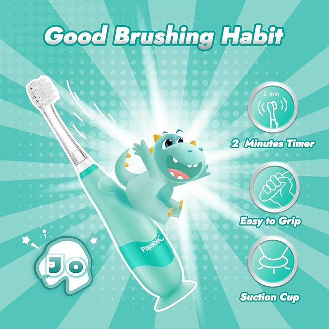 Papablic Toddler Sonic Electric Toothbrush Kids for Ages 1-3 Years, Baby Electric Toothbrush with Cute Dino Cover and Smart LED Timer, 4 Brush Heads (Jo)