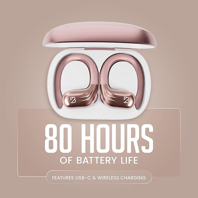 Rose Gold Wireless Running Earbuds for Women. Pink Bluetooth Sport Earbuds for Running, 80 Hour Long Battery Life Over the Ear with EarHooks, Wrap Around Ear buds with Microphone, Earphones-StrideForce Fitness