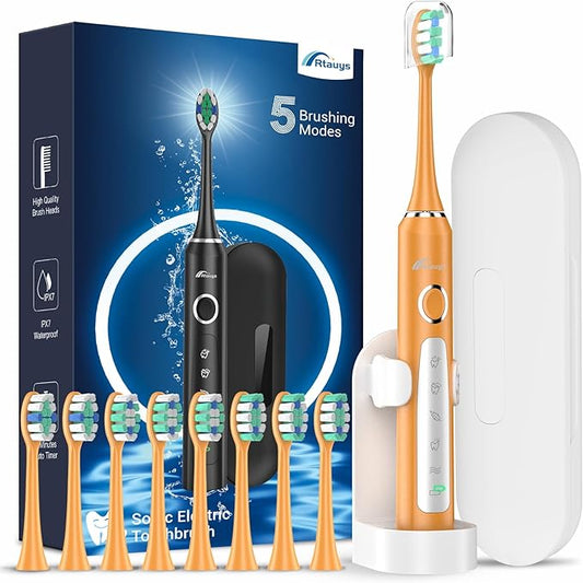 Rtauys M5 Sonic Electric Toothbrush for Adults and Kids - Rechargeable Electric Toothbrush Kids Ages 12+ and Adults with 8 Brush Heads & Travel Case, 120 Days Battery Life - Orange