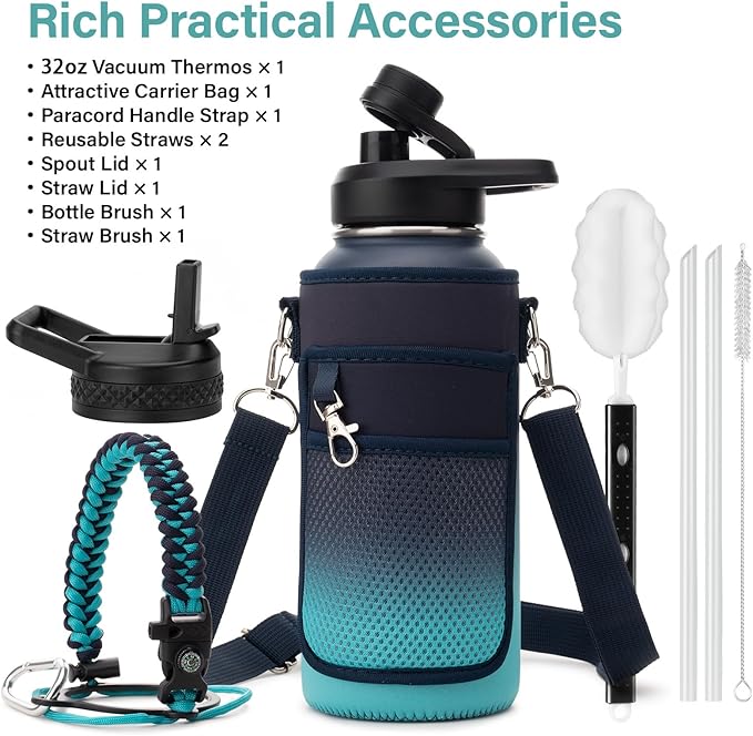 Insulated Water Bottle | Thickened Stainless Steel Vacuum Metal | Portable Sports Water Jug for Gym and Hiking with Straw, Carrier Bag, Handle Strap | BPA-Free 32 oz-StrideForce Fitness