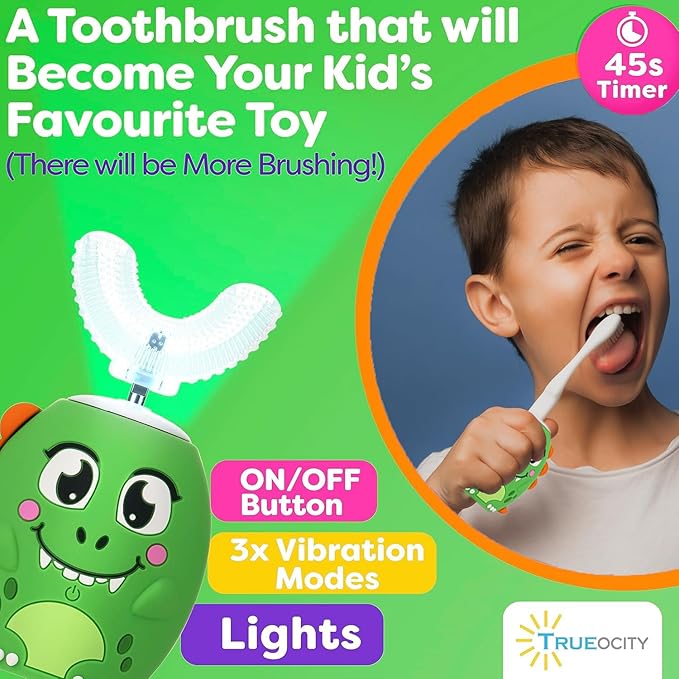 Trueocity Kids U Shape Toothbrush Auto Electric Toddler Rechargeable Kids Automatic Toothbrush | 360° U-Shaped Silicone Brush Head | Gentle Cleaning for Ages 2–7 | Dinosaur Design (Green)