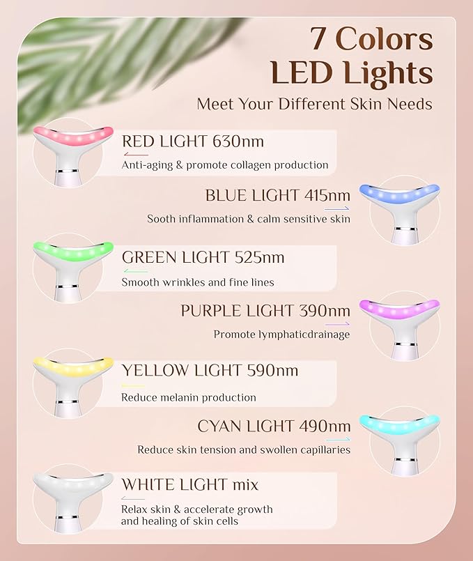 7 Color Galvanic Machines - Red Light Therapy for Face and Neck, Face Massager Tool for Wrinkles, Double Chin, Vibrating Facial Massager with Thermals, Pink-StrideForce Fitness