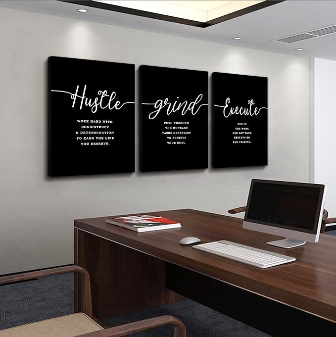 Hustle Quotes Execute Prints, Framed Canvas Wall Art Success Quote, Office Wall Art, Black Large Poster, Positive Motivational Set of 3 Prints, Boss Gift (F-3pcs,20x30inchx3pcs)-StrideForce Fitness