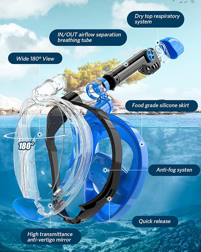 QingSong Full Face Snorkel Mask for Adults, Snorkeling Gear with Camera Mount, 180 Degree Panoramic View Snorkel Set Anti-Fog Anti-Leak-StrideForce Fitness