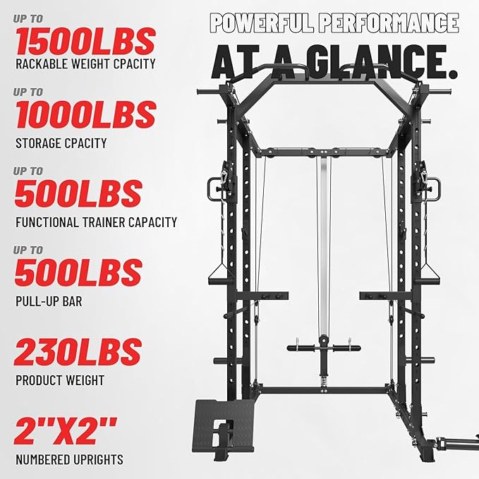 Mikolo Power Cage, Power Rack with Cable Crossover System, 1500LBS Squat Rack with LAT Pull Down System, Workout Cage with Pulley System for Fitness Home Gym-StrideForce Fitness