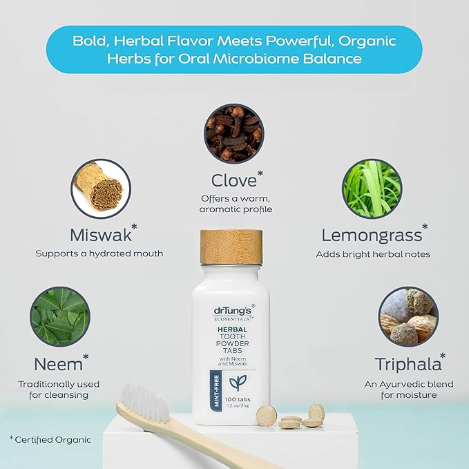 drTung's Herbal Toothpaste Tablets - Toothpaste Tabs for Dry Mouth Relief, Natural Tooth Powder Tablets for Fresh Breath, Fluoride Free, Travel Size, Vegan, Non-GMO - Mint-Free (100 Tabs), 3-Pack