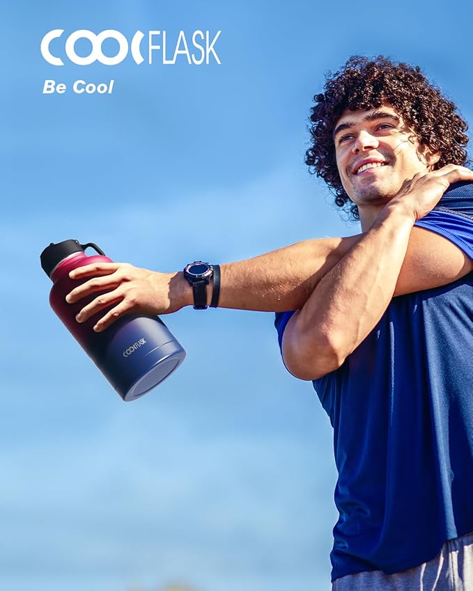 Half Gallon Water Bottle Insulated with Straw & 3 Lids, Coolflask 64 oz Water Jug Large Metal Stainless Steel Wide Mouth for Sports, Gym or Office, Non-BPA Keep Cold 48H Hot 24H, Ombre Wine/Navy-StrideForce Fitness