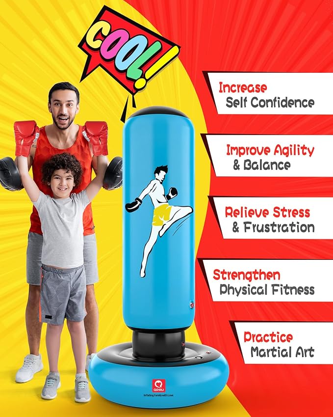 QPAU Kids Punching Bag Toy with Boxing Gloves, 66 Inch Larger Stable Kids Inflatable Boxing Bag Set, Gifts for Boys & Girls Age 6-12, for Practicing Karate, Taekwondo, MMA-StrideForce Fitness