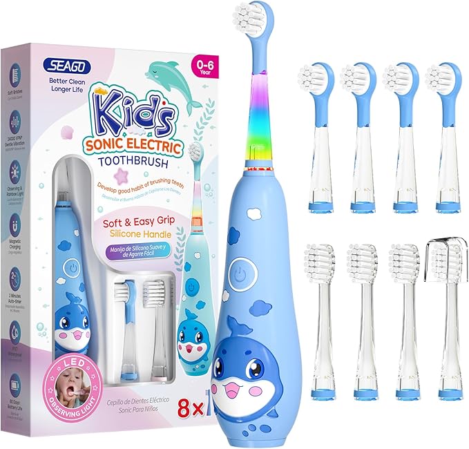 SEAGO Kids Electric Toothbrushes Rechargeable, Toddler Electric Toothbrush with Magnetic Charging, LED Observing Light, 8 Toothbrush Heads for Ages 2-4-6 Boys Girls (Navy Blue)
