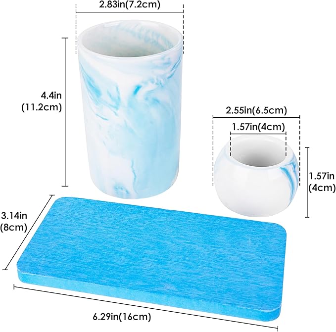 Ceramic Toothbrush Holder & Toothbrush Cup with Diatomite Tray for Bathroom, Bathroom Tumbler Cups Reusable Toothbrush Mouthwash Cup, Shower Counter Storage Organizer (Blue)