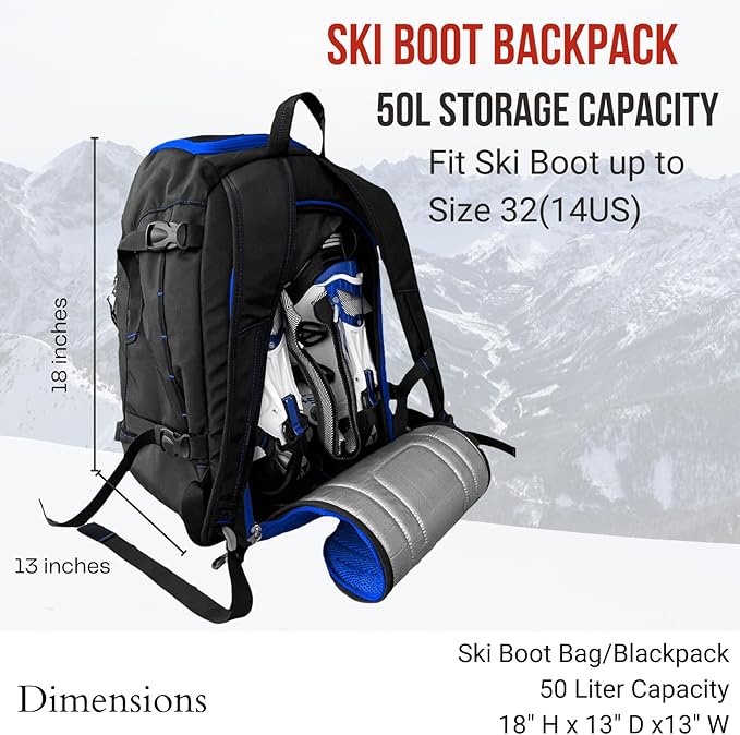 Savvycraft Ski Boot Bag, 50L Ski Backpack for Ski and Snowboard Boots, Helmets, Gloves, and Accessories, Lightweight Durable Convenient, Blue-StrideForce Fitness