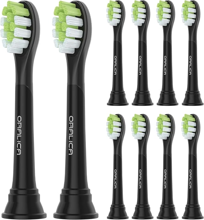 Japanese Brand Whitening Replacement Toothbrush Heads, Compatible with Philips Sonicare Click-on Handles, 10 Pack, Medium, with Tongue Cleaner (CA668, Black)