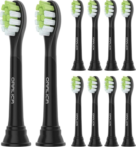 Japanese Brand Whitening Replacement Toothbrush Heads, Compatible with Philips Sonicare Click-on Handles, 10 Pack, Medium, with Tongue Cleaner (CA668, Black)