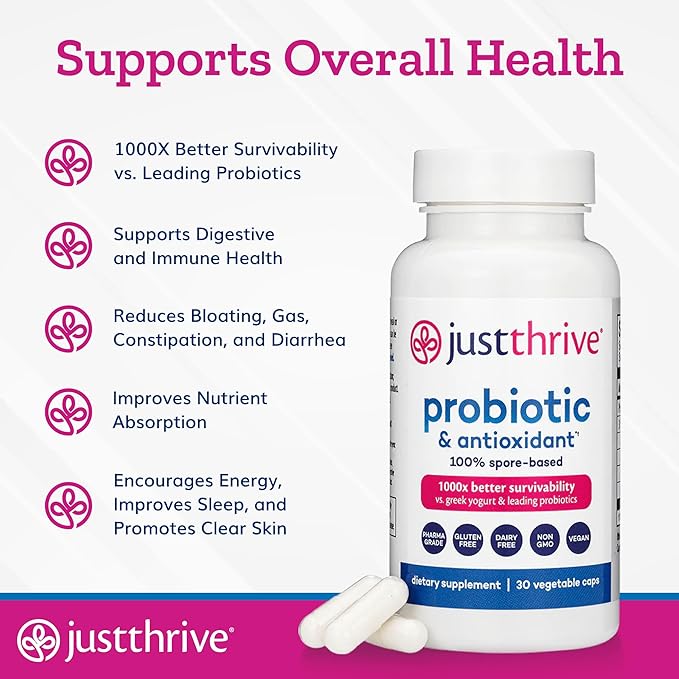 Just Thrive Probiotic & Antioxidant Supplement - 100% Spore-Based Digestive and Immune Support - Gluten Free, 30 Caps-StrideForce Fitness