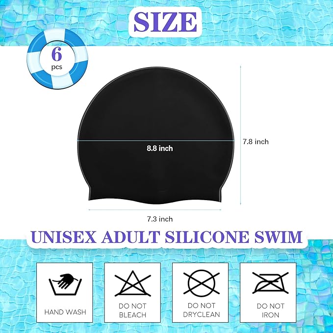 Syhood 6 Pieces Unisex Adult Silicone Swim Cap Waterproof Swimming Hat Non Slip Pool Hat Elastic Silicone Cap for Long and Short Hair-StrideForce Fitness