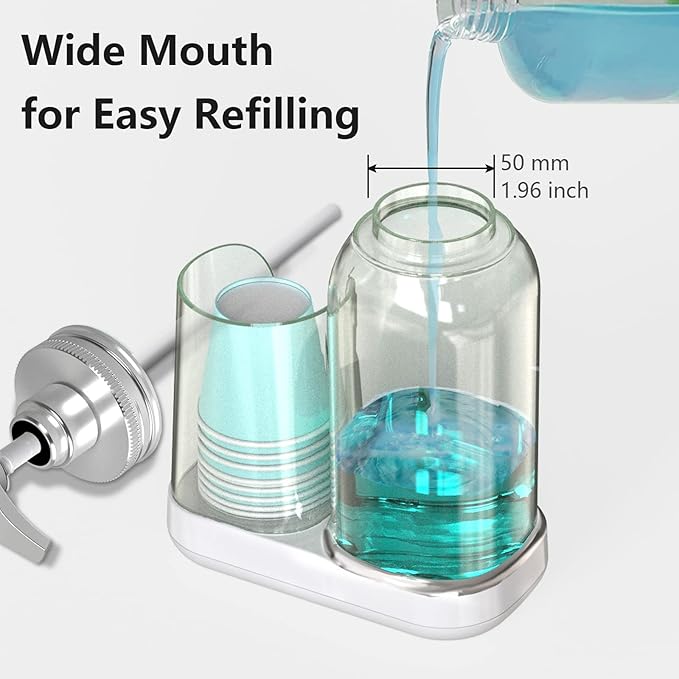 Luvan Mouthwash Dispenser for Bathroom, 25oz Mouthwash Pump Bottle with Cup Holder, Refillable Clear Blue Mouth Wash Container for All Age Groups, Large Capacity Bathroom Mouthwash Holder Set