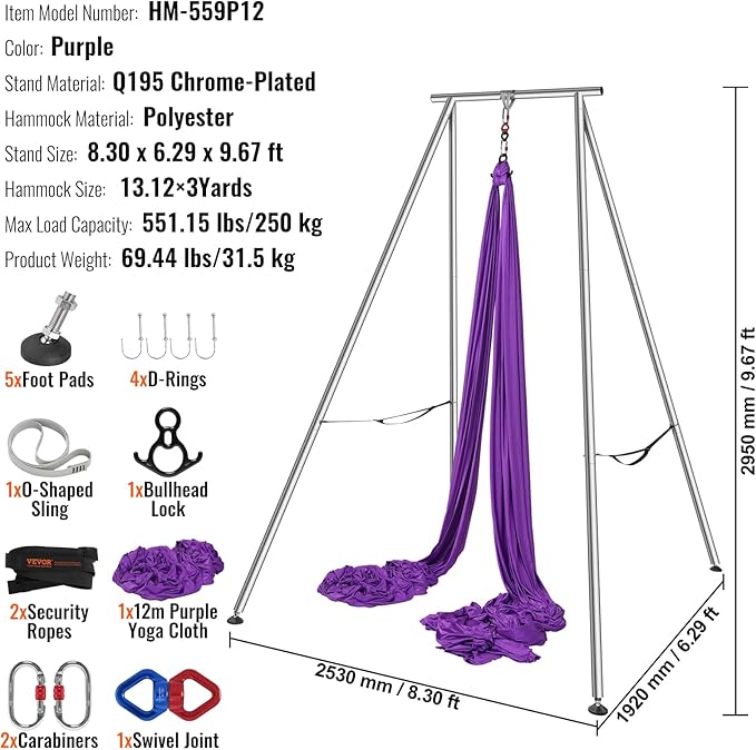 VEVOR Aerial Yoga Frame, 9.67 ft Height Swing Stand, Max 551.15 lbs Load Chrome-Plated Steel Pipe Inversion Yoga Rig for Indoor Outdoor Use-StrideForce Fitness